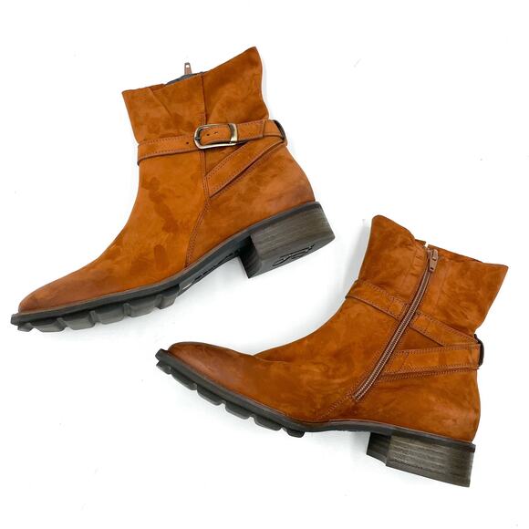 Paul Green Denver Boots Brown Suede Ankle‎ Flat Buckle Strap Sz 6 UK / 8.5 US